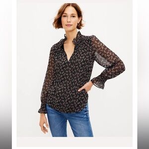 LOFT LONG SLEEVE VINE SMOCKED BLACK WITH FLORAL PRINT TIE NECK BLOUSE TOP SZ S